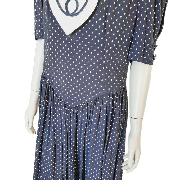 Vintage 80s Dress size Medium Dropped Princess Waist Bib Collar Puff Sleeves - Picture 3 of 9